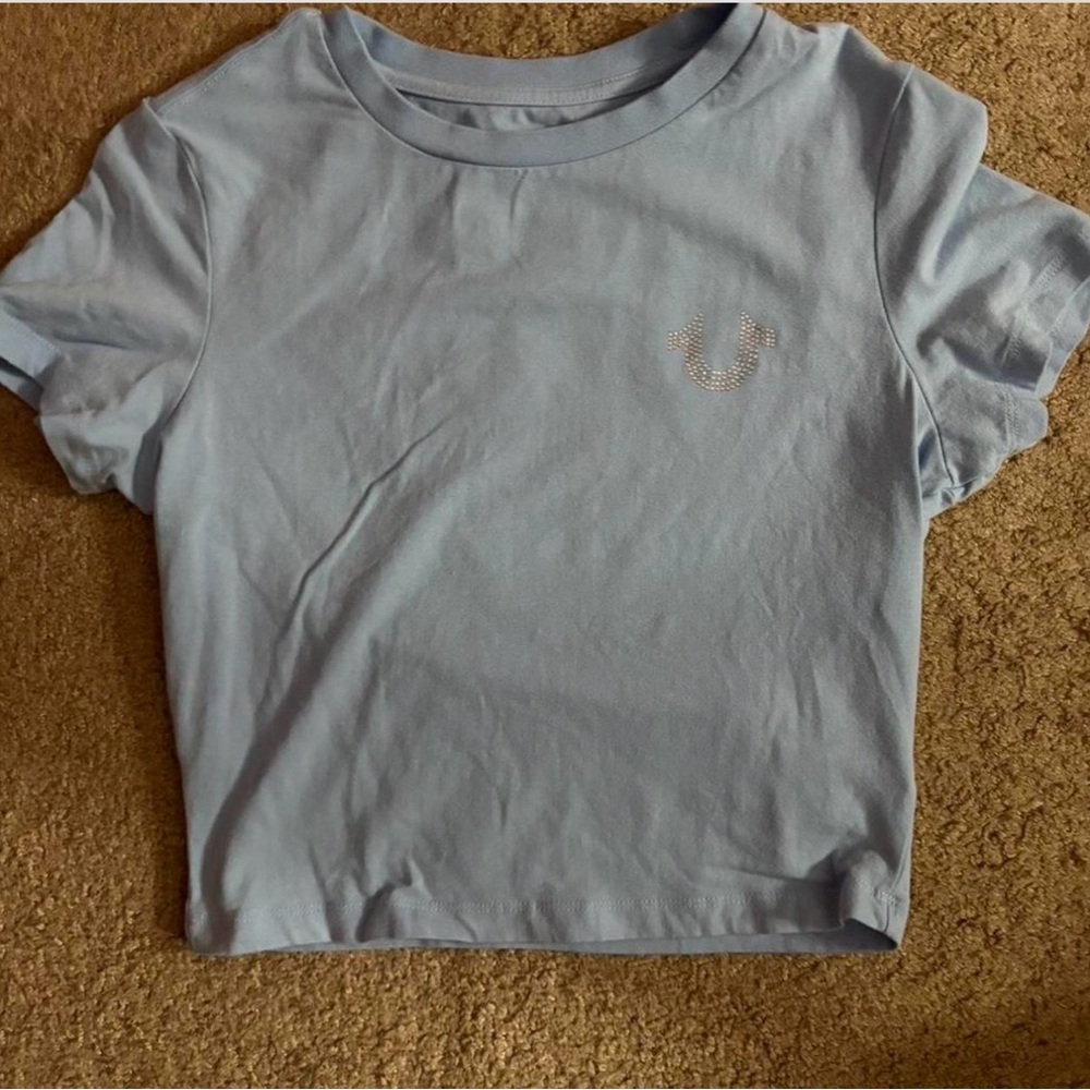 Light Blue True Religion baby tee with rhinestone Logo